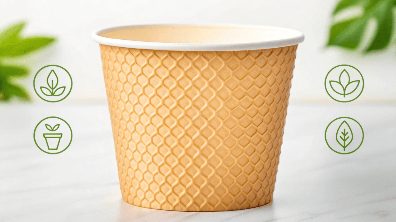 An ice cream cup showing its layers, with icons for FSC paper and corn-based PLA lining.
