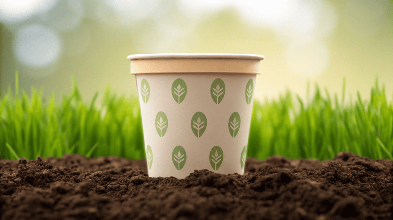 The Lifecycle of a Biodegradable Cup A biodegradable ice cream cup turning into healthy soil in a time-lapse sequence.