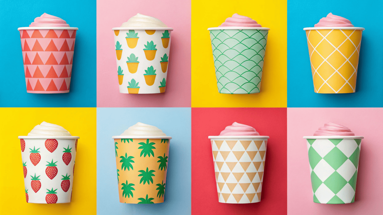 Creative Marketing with Custom Ice Cream Cups A collage of creatively designed custom ice cream cups being used in different marketing scenarios.