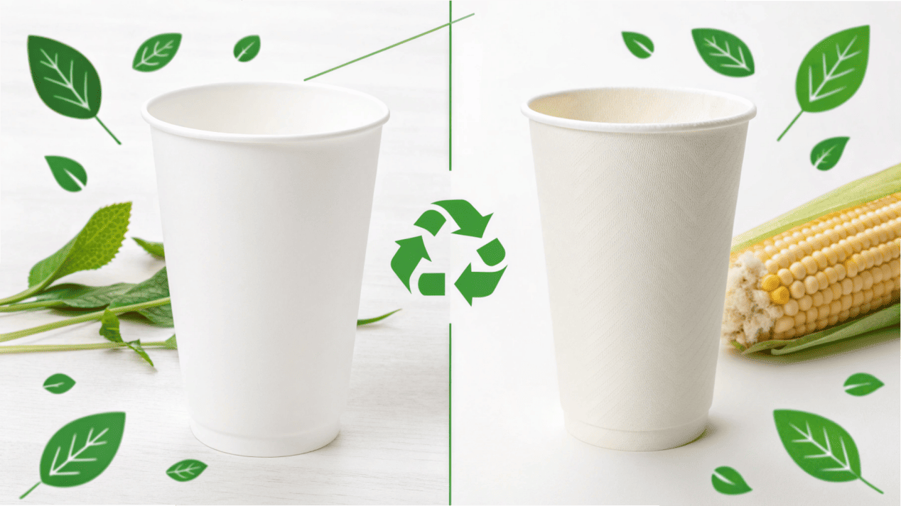 A diagram comparing a traditional PE-lined cup to a modern PLA-lined biodegradable cup.