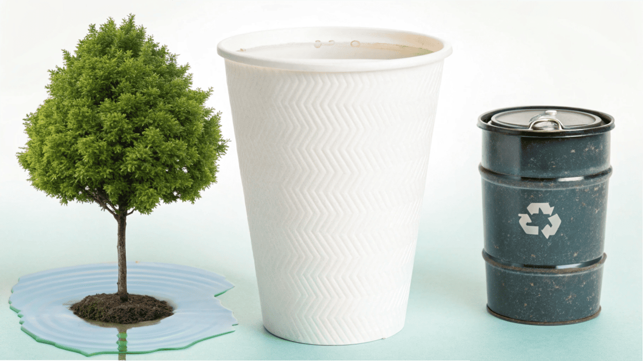 Resources Used for Paper Cup Production An image showing the resources—trees, water, oil barrels—that go into making a single paper cup.