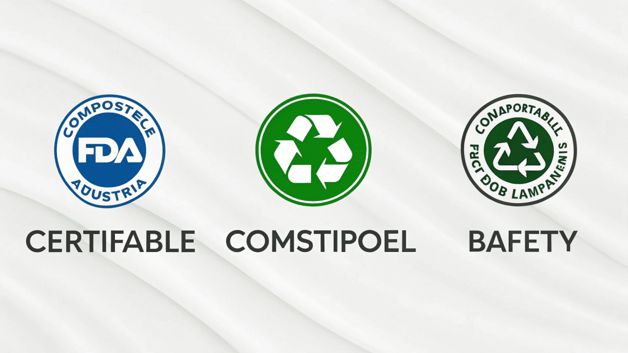 Logos of key certifications like BPI, TÜV AUSTRIA OK compost, and FDA.