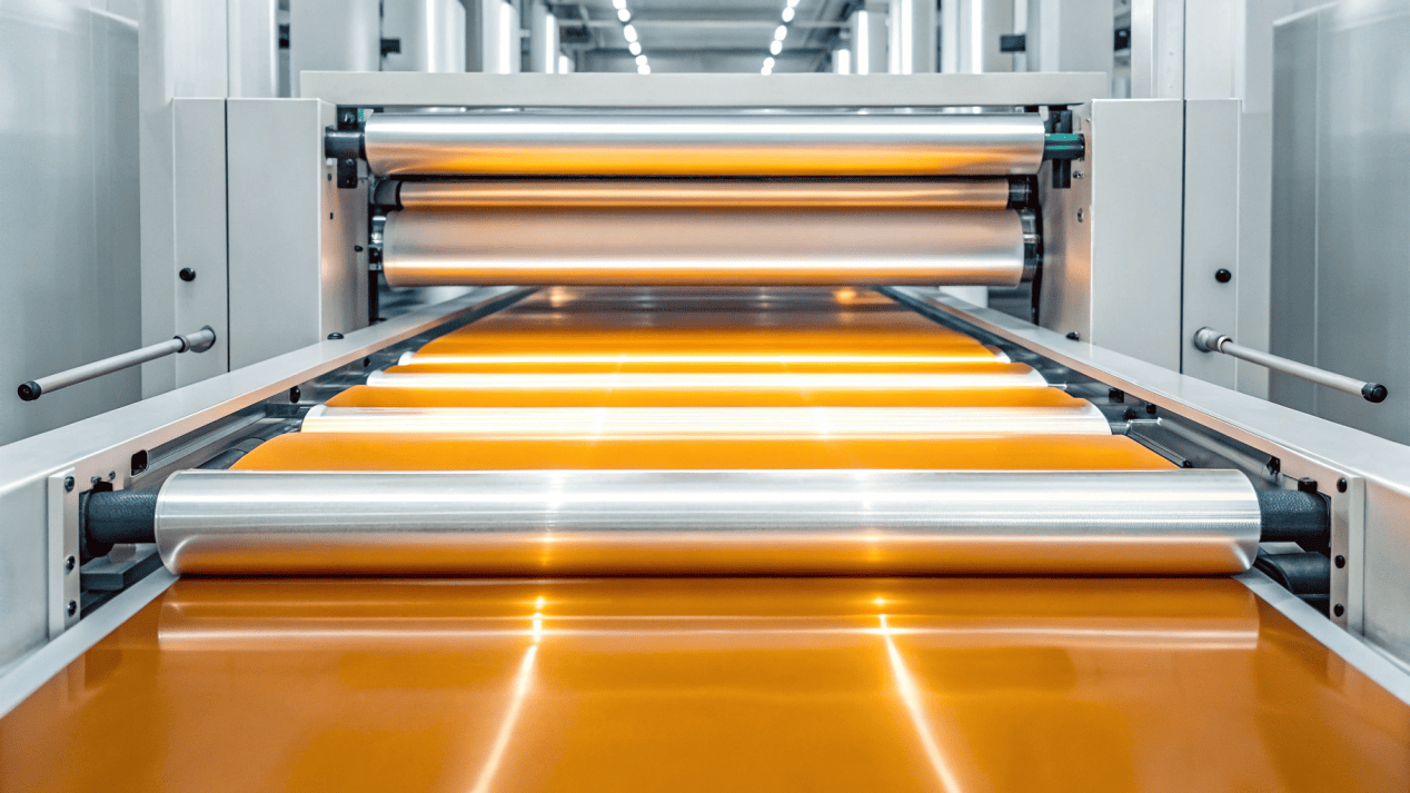 Advanced Biodegradable Cup Manufacturing A clean, modern factory machine applying a PLA lining to paperboard with heat and pressure.