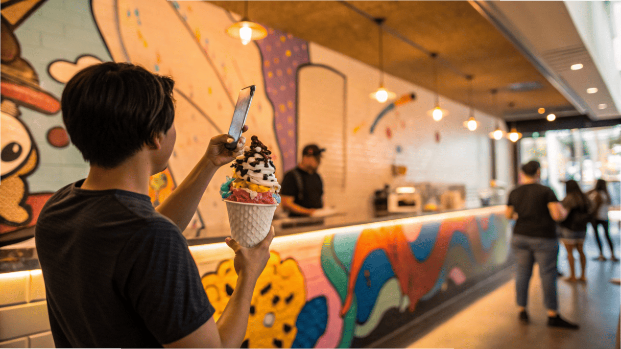 Social Media Engagement with Ice Cream Cups A customer taking a photo of their ice cream cup against a cool mural in the shop.