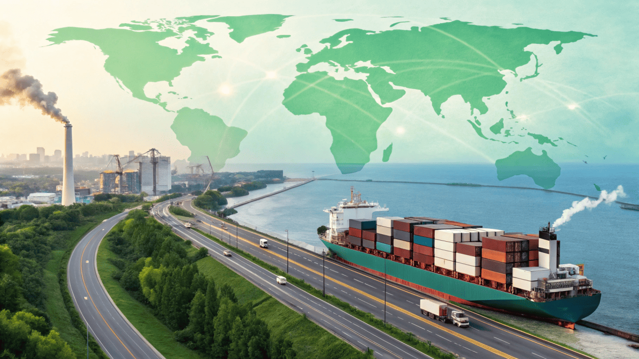 The Carbon Footprint of Cup Logistics A graphic showing the global journey of a paper cup from factory to container ship to truck.