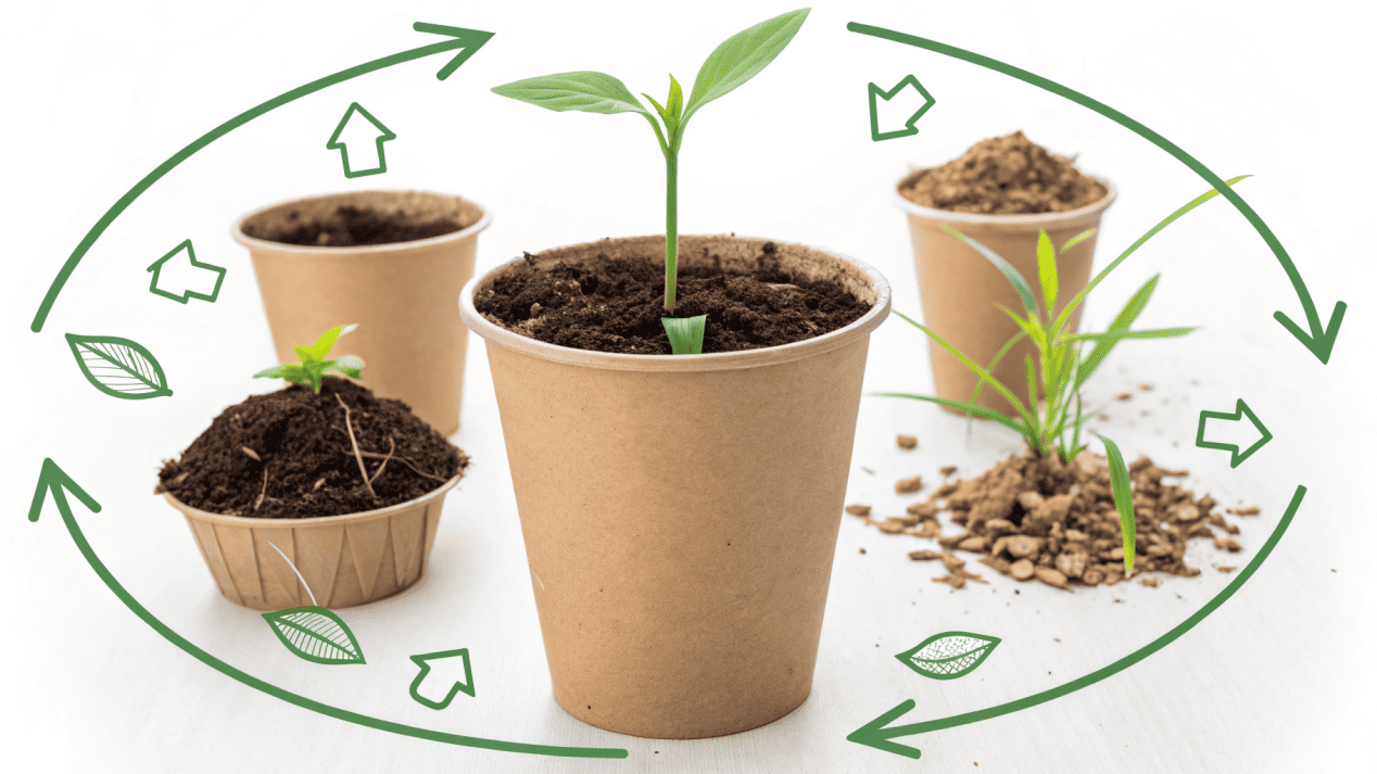 A graphic showing the circular lifecycle of a compostable cup, from plant to cup to compost to plant again.