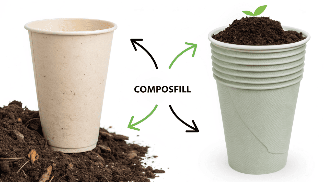 Landfill vs. Industrial Composting A diagram showing two paths: one cup goes to a landfill and stays there, the other goes to a compost facility and becomes soil.