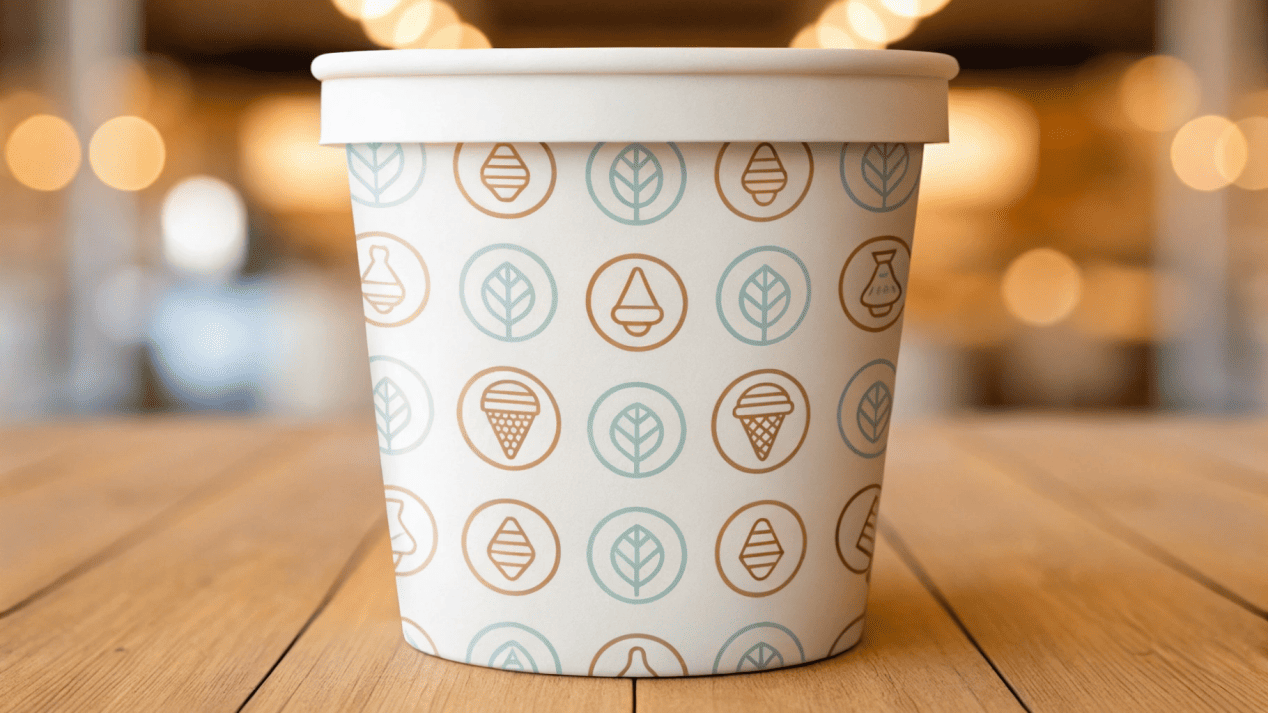 Brand Storytelling on an Ice Cream Cup An ice cream cup with a series of icons that tell the brand's story.