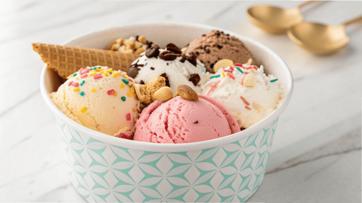 A wide-mouth paper bowl showcasing ice cream with toppings.