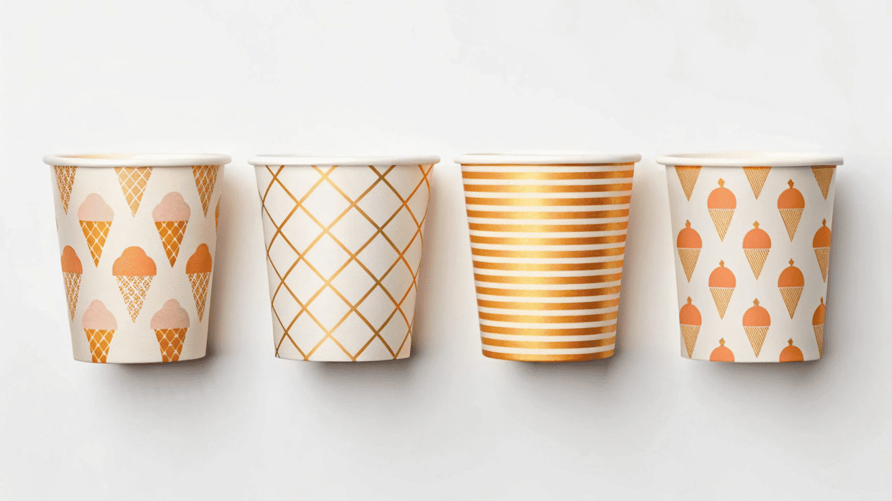 Four different ice cream cups with minimalist, playful, retro, and modern designs.