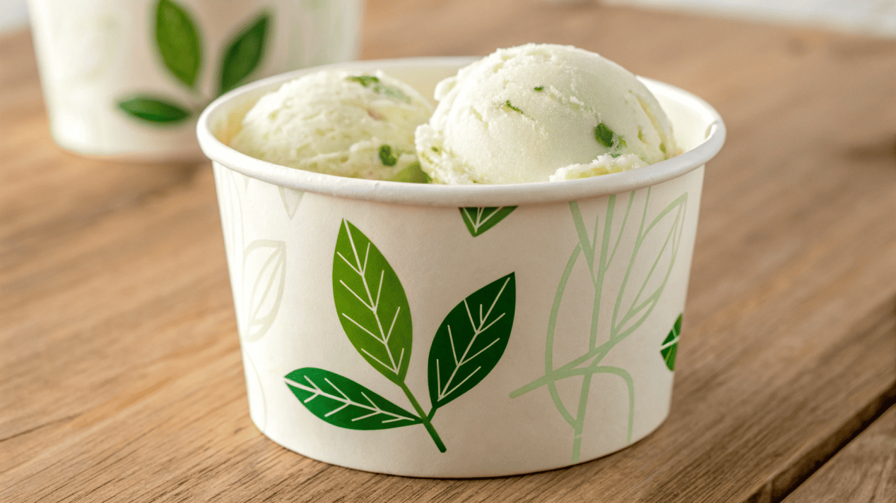 An ice cream cup with a PLA lining and an eco-friendly leaf icon.