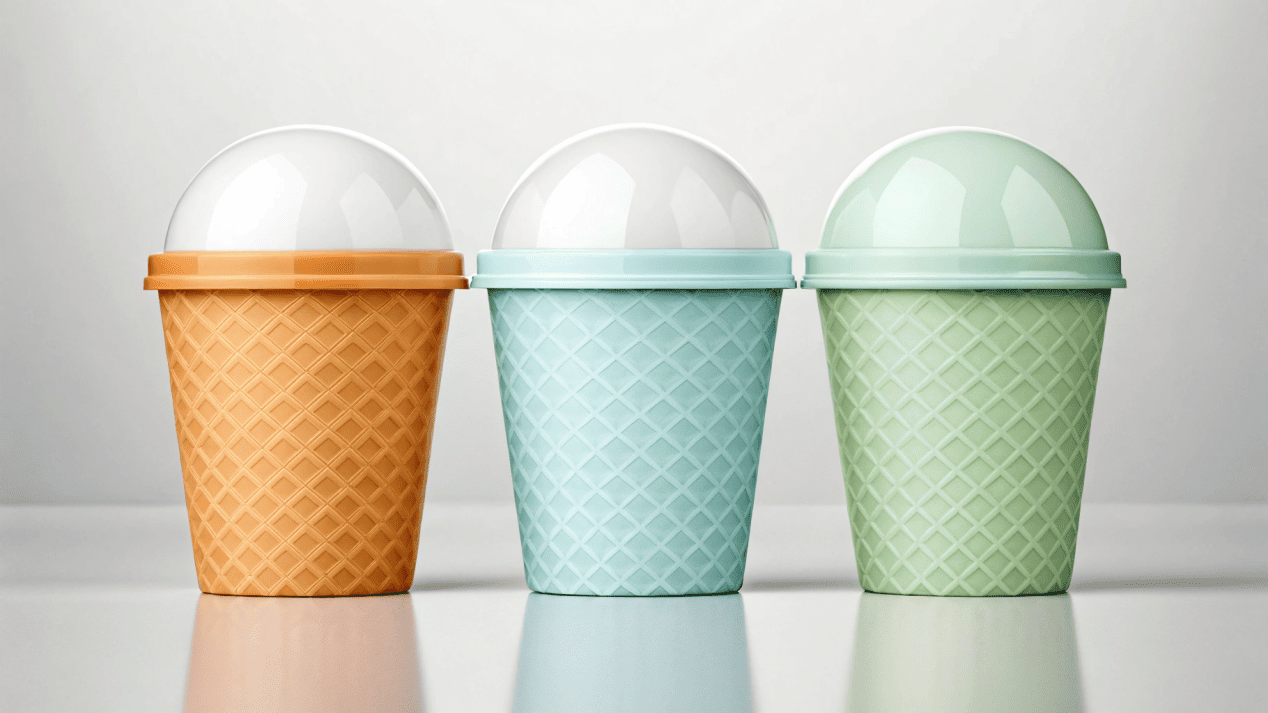 An assortment of ice cream cups with perfectly fitting flat and dome lids.
