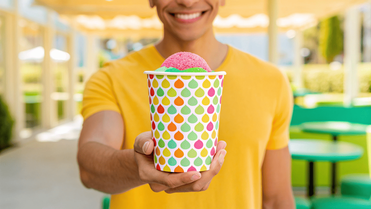 A customer holding a custom printed ice cream cup with a vibrant design.