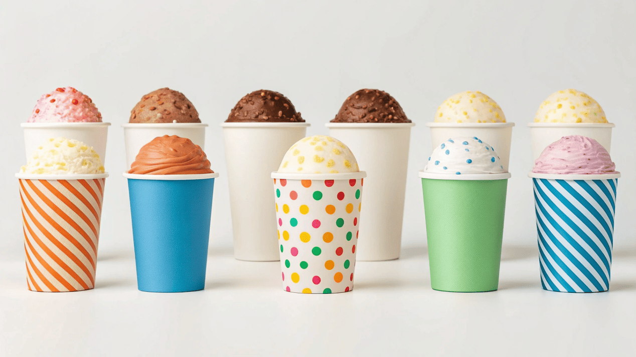 Wholesale Custom Ice Cream Cups as a Marketing Tool A collection of beautifully designed custom ice cream cups showcasing different brand styles.