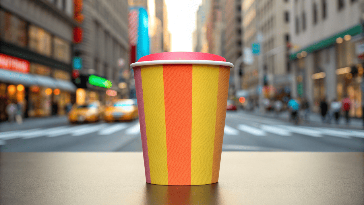 A branded ice cream cup standing out in a crowd on a busy street.