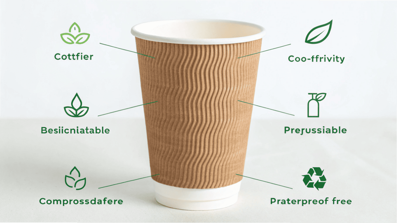 A diagram showing the layers of a sustainable cup: FSC paper and PLA lining.