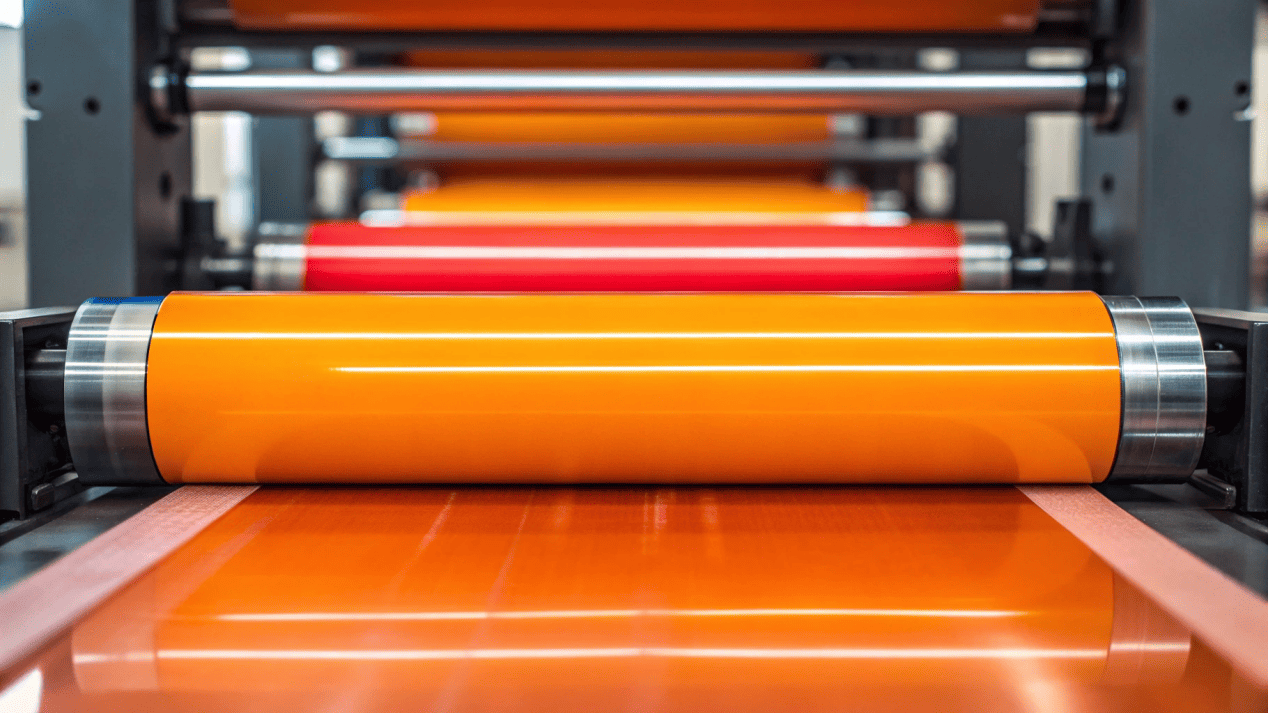 Flexographic Printing Technology for Food Packaging A close-up of a flexographic printing machine applying vibrant, food-safe ink to paperboard.