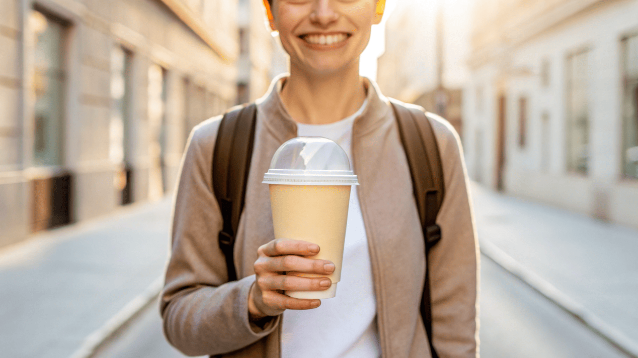 Portability and Increased Sales with Lidded Cups A person happily walking down the street carrying a branded ice cream cup with a secure lid.
