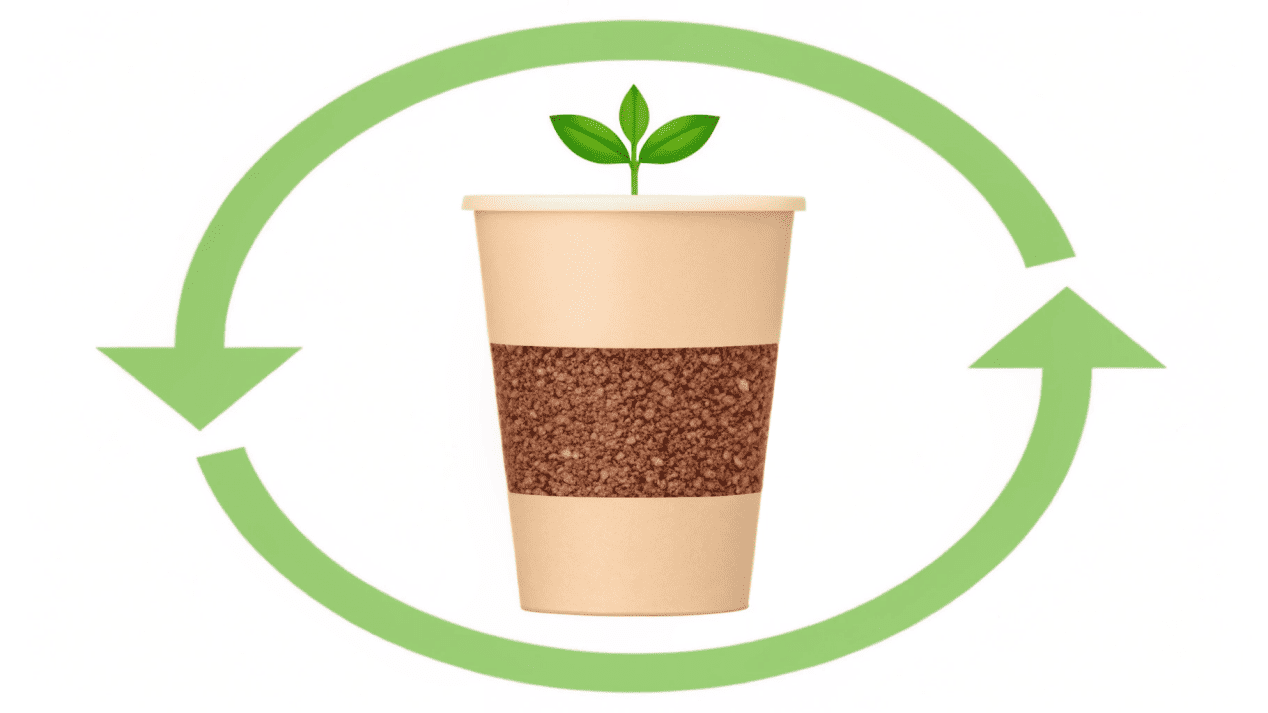An icon showing a cup turning into soil and then a plant, illustrating the compost cycle.