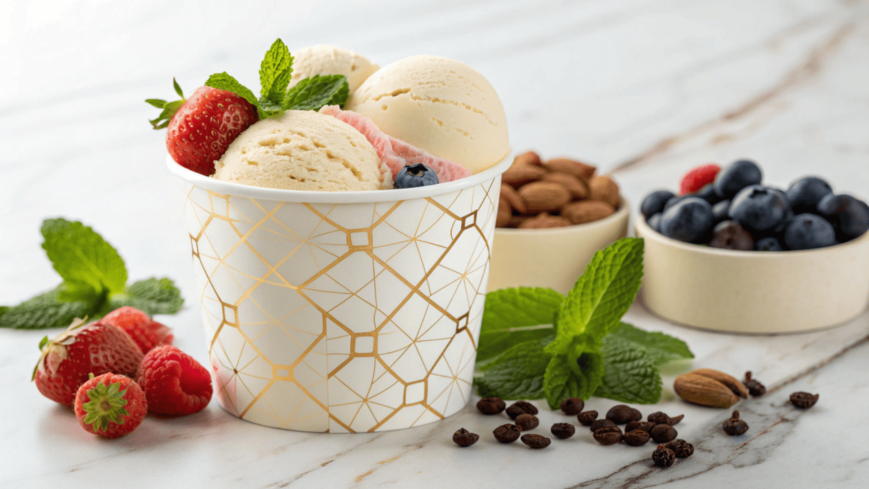 A premium, elegantly designed ice cream cup next to high-quality ingredients like fresh fruit.