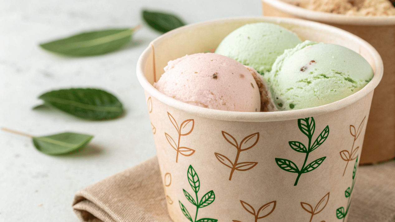 A close-up of a custom-printed sustainable ice cream cup with an eco-friendly message.