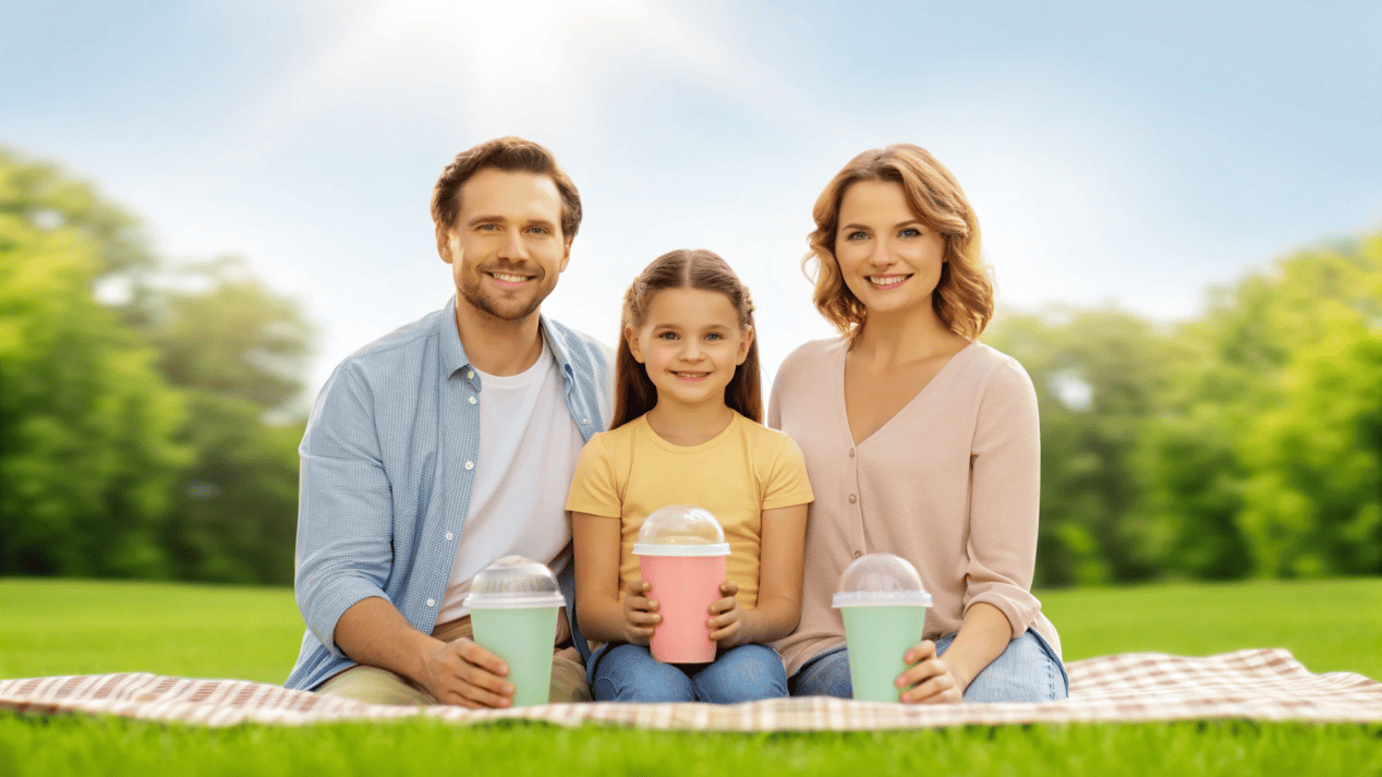 A family enjoying lidded ice cream cups in a park without any mess.