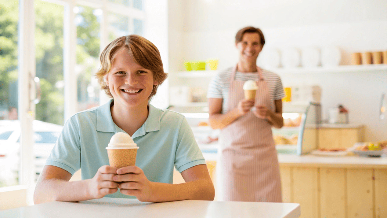 Customer Preference for Convenience and Options Two customers, one looking happy with an open cup at a table, another looking pleased walking away with a lidded cup.