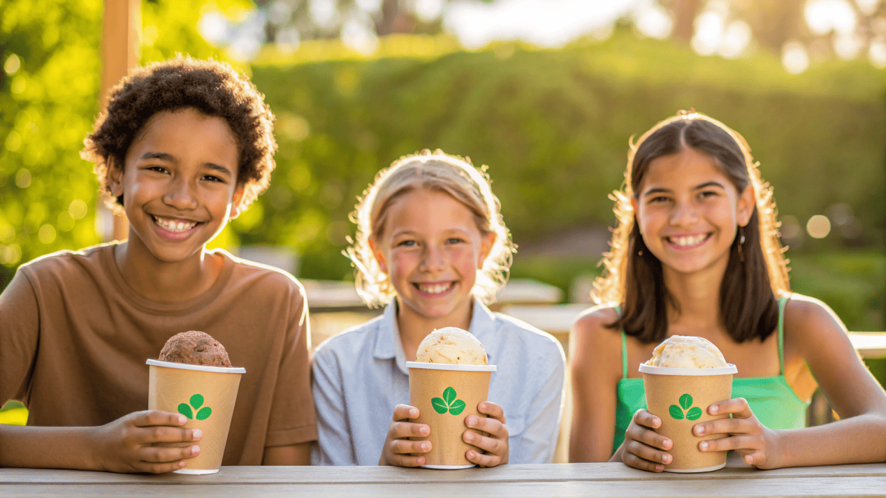 A group of happy young customers enjoying ice cream in sustainable cups.