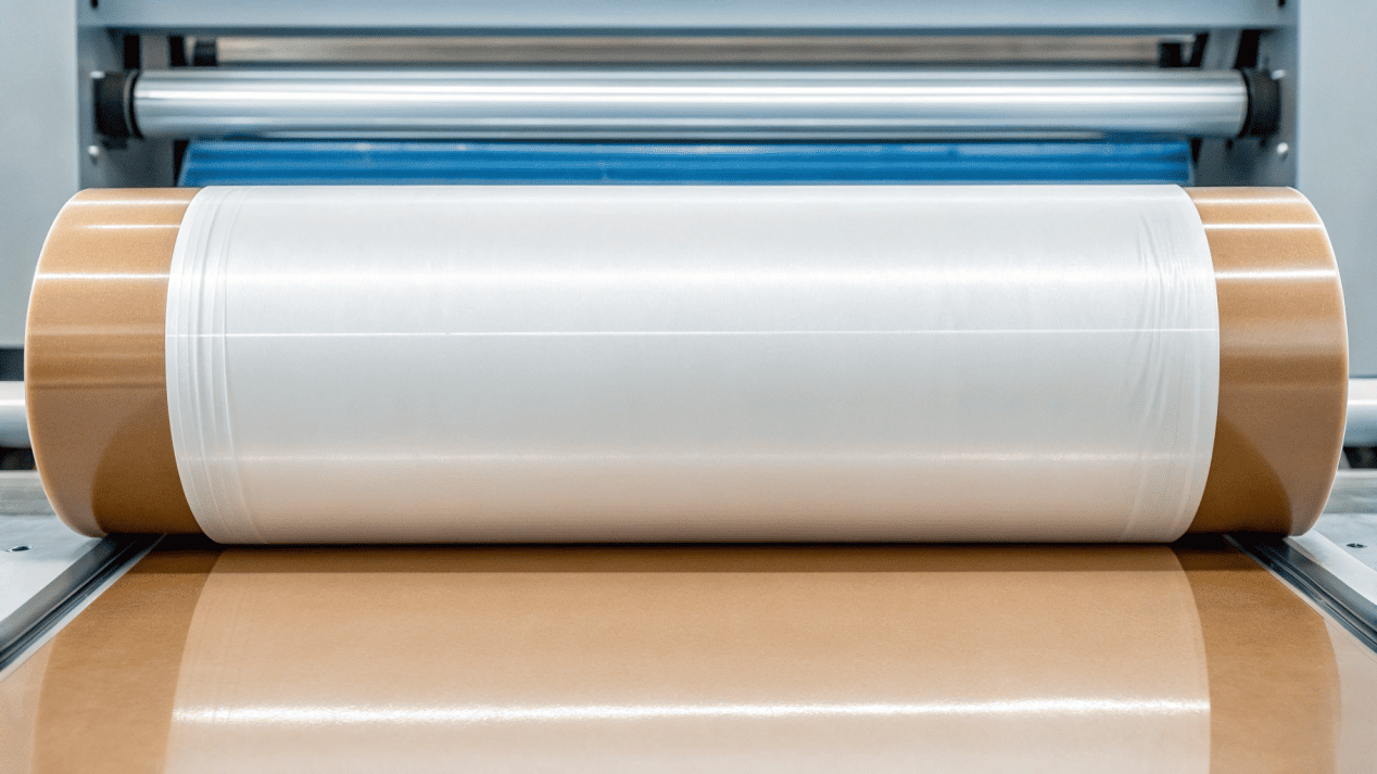 A diagram showing a micro-thin layer of PE plastic being applied to a roll of paperboard.