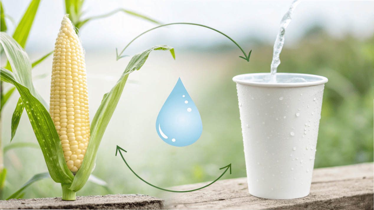 A graphic showing a corn cob transforming into a PLA cup and a water droplet transforming into an Aqueous coated cup.