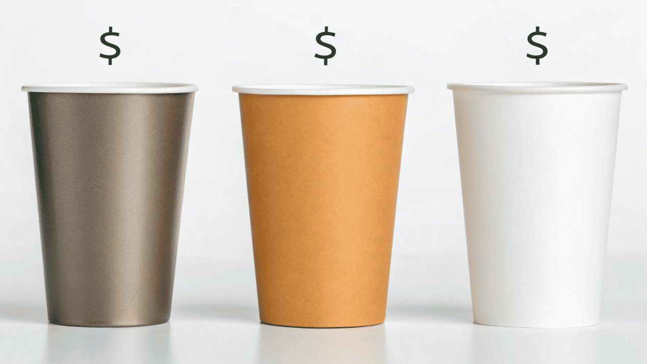 A graphic showing three cups (PE, PLA, Aqueous) with one, two, and three dollar signs respectively to show relative cost.