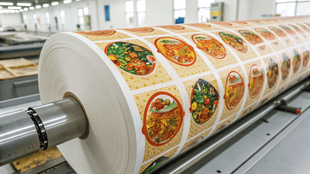 Precision Branding and Illustration Printing for Noodle Bowls A roll of printed paperboard for noodle bowls showing a vibrant, complex brand design before being formed into bowls.