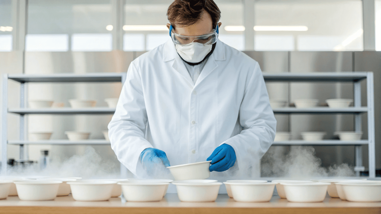 Rigorous Sealing and Quality Tests for Noodle Bowls A quality control technician in a lab coat conducting a hot liquid hold test on a line of finished noodle bowls.