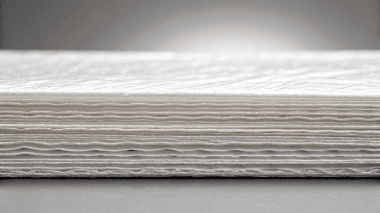 The Definitive Guide to PE Coated Paper A close-up cross-section of PE coated paper, showing the paper fibers and the thin plastic layer.