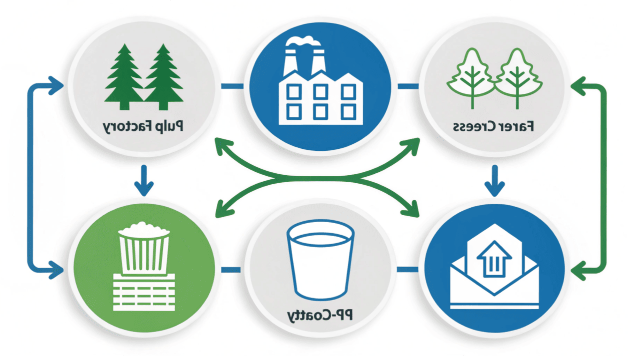 PE Coated Paper Global Suppliers A diagram showing the supply chain from forest to pulp mill to coater to converter.