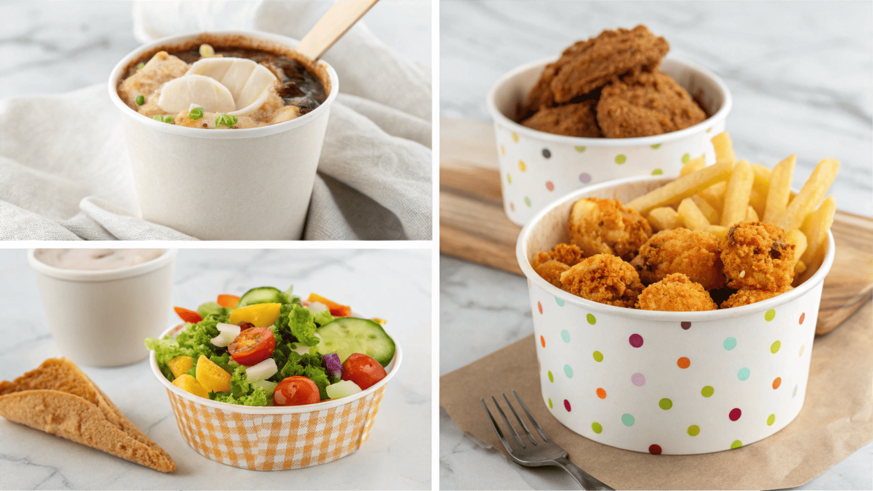 Applications of PE Coated Paper in Packaging A collage of different food products packaged in PE coated paper: coffee, ice cream, salad, and fried food.