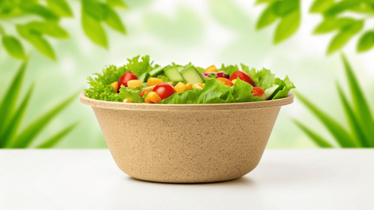 The Anatomy of a Compostable BioBowl A compostable BioBowl filled with a fresh salad, set against a natural, green background.