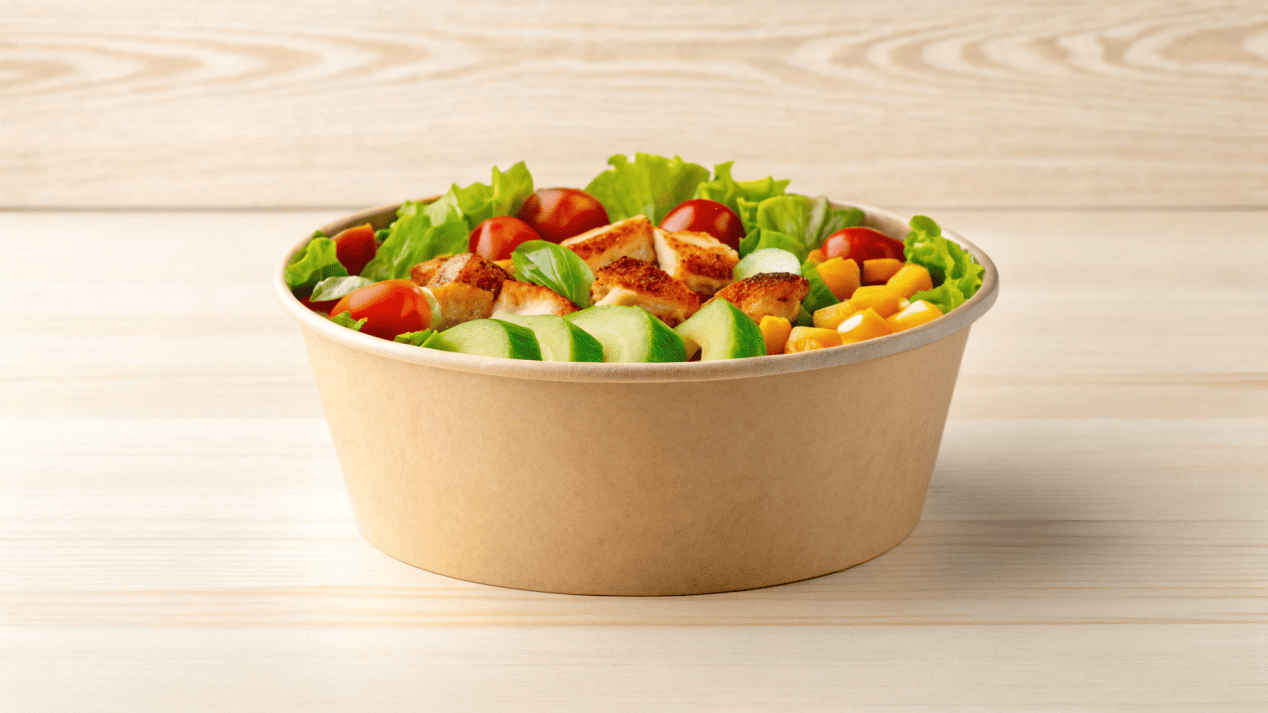 A high-quality, custom-printed paper bowl filled with a delicious salad.
