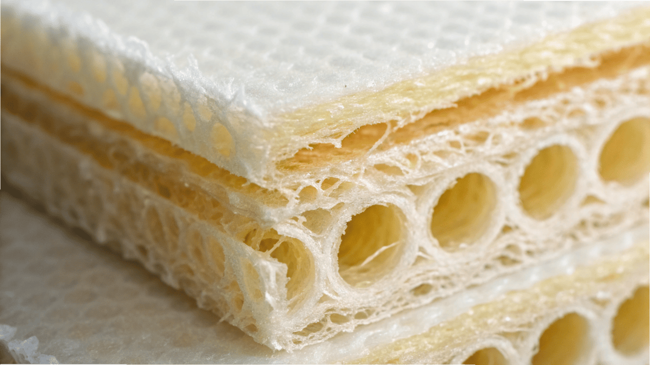 PLA Lining on Sustainable Paperboard A microscopic view showing the plant-based PLA lining seamlessly bonded to the paper fibers.