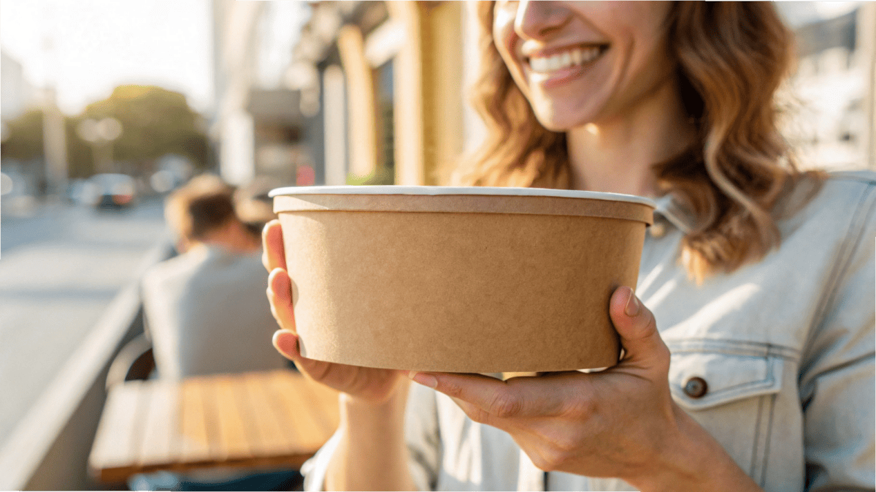 A customer happily holding a sturdy, stylish kraft paper bowl.