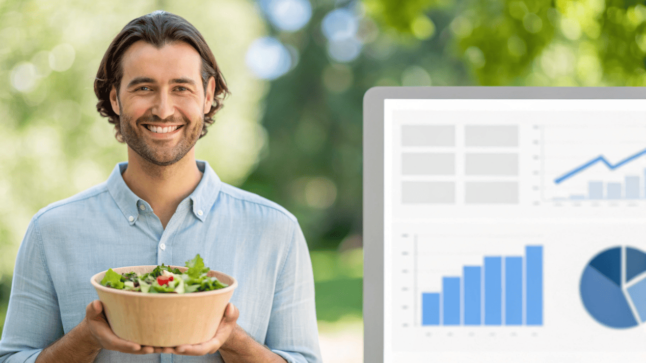 Consumer and Corporate Demand for Sustainability A split-screen image showing a happy customer with a BioBowl on one side, and a corporate ESG report on the other.