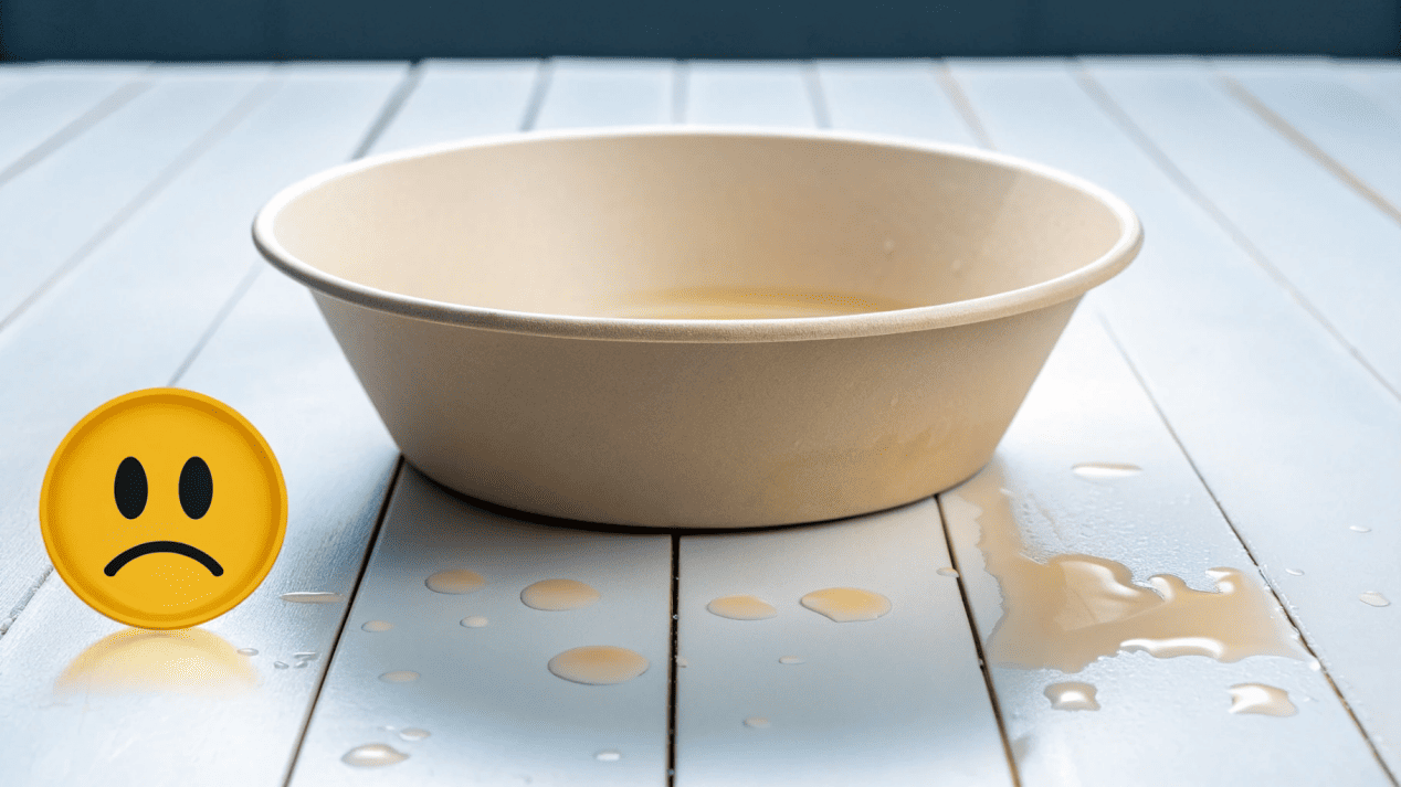 A leaky paper bowl creating a mess on a table, with an unhappy customer emoji nearby.