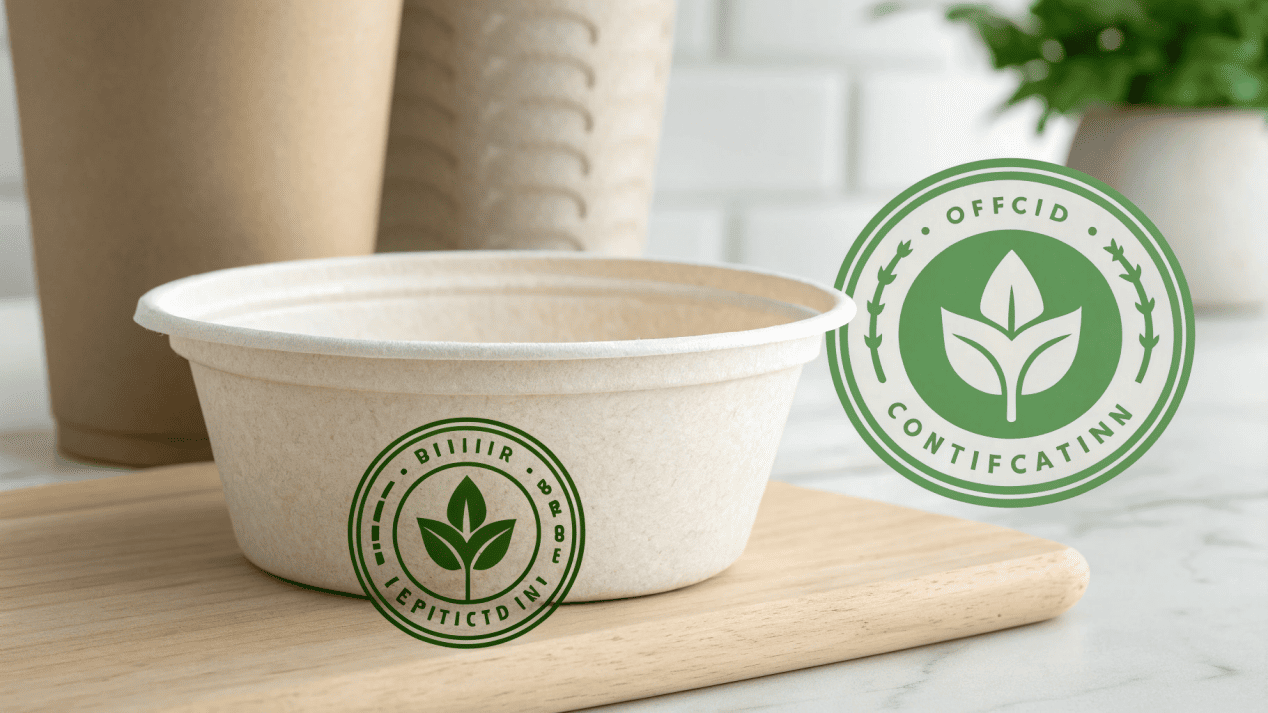 Proof of Compostability Certification Official certification logos for BPI and OK compost displayed prominently.