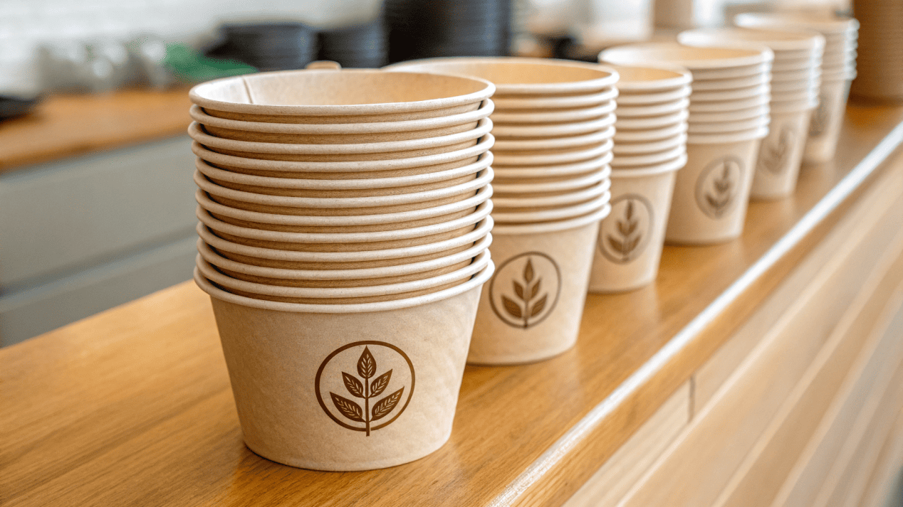 A stack of custom-printed paper bowls featuring a coffee shop's logo.