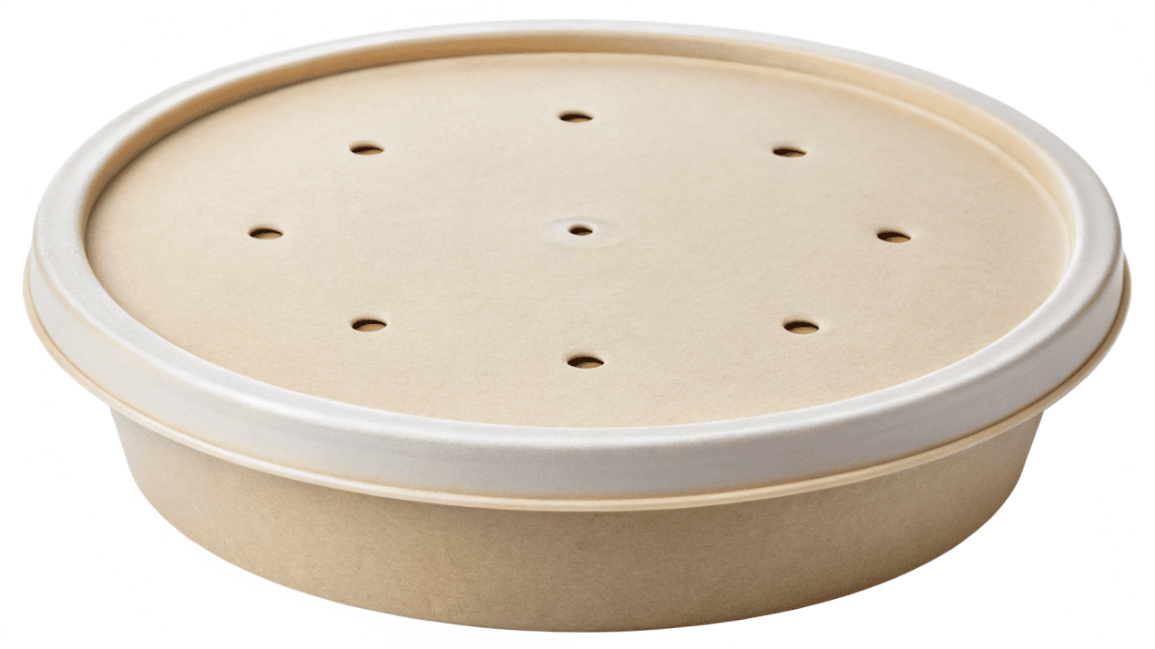 A vented lid snapping securely onto a paper soup bowl with a satisfying click.