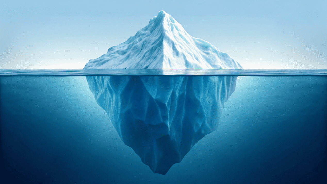 An iceberg showing the visible price-per-bowl above water and the larger hidden costs below.