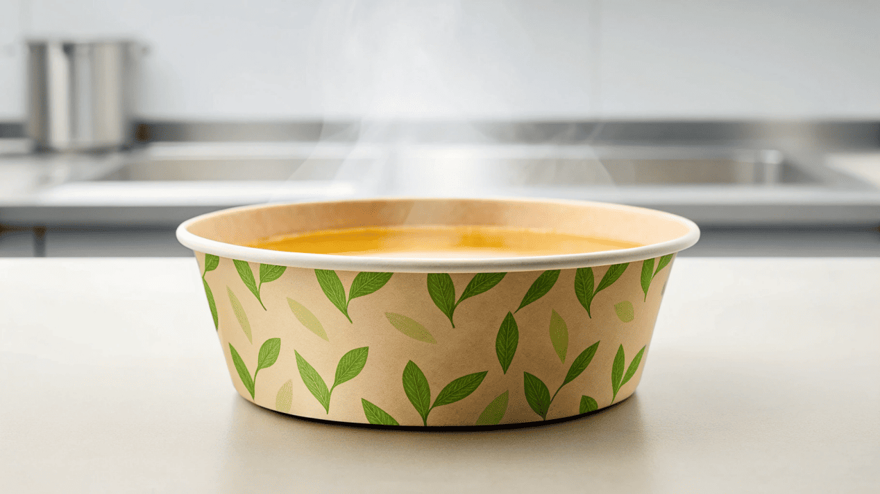 Portion Control with Paper Bowls A measured scoop of soup being placed into a paper bowl to test the portion size.