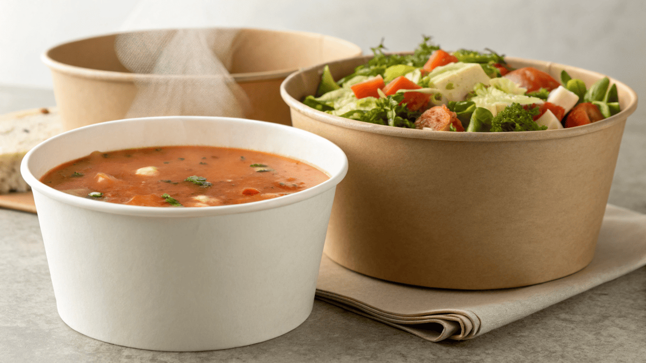 Bowl Shape for Different Foods A deep bowl of soup next to a wide, shallow salad bowl to show the difference in shape.