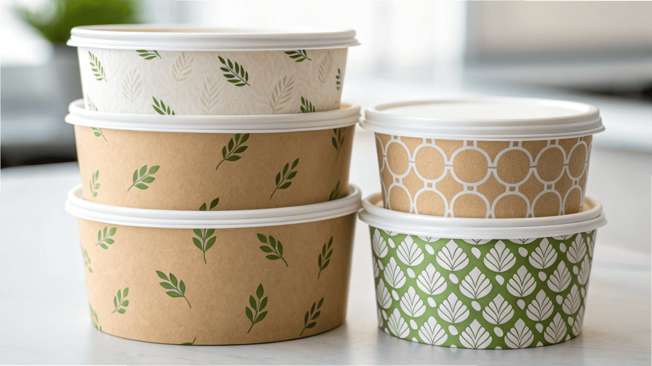 Lid Consolidation Saves Money and Space A stack of three different sized paper bowls that all share one single lid size.