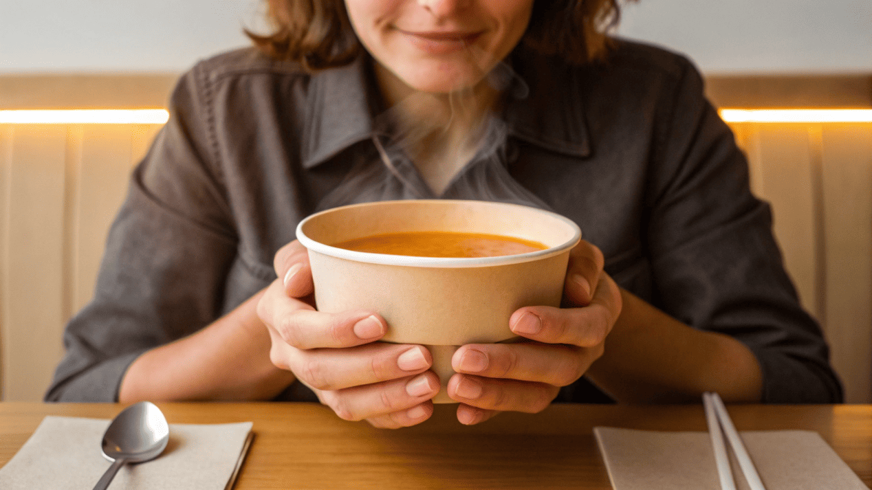 Good Customer Experience with Paper Bowls A person comfortably holding a bowl of hot soup while eating from it.